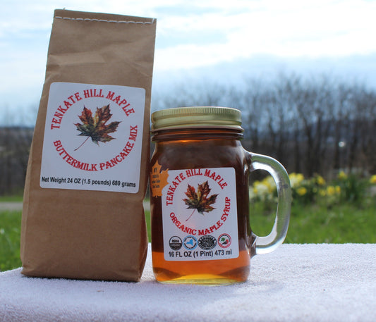 Organic Maple Syrup Grade A Amber Color Pint and Buttermilk Pancake Mix Gift Bag